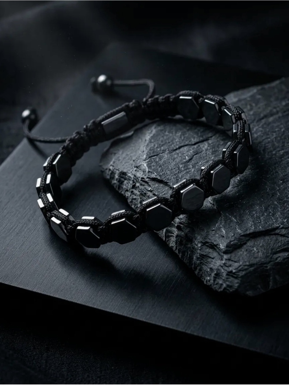 Shamballa Style Hexagon Hematite Bracelet Black Macrame Unisex Handmade Jewelry